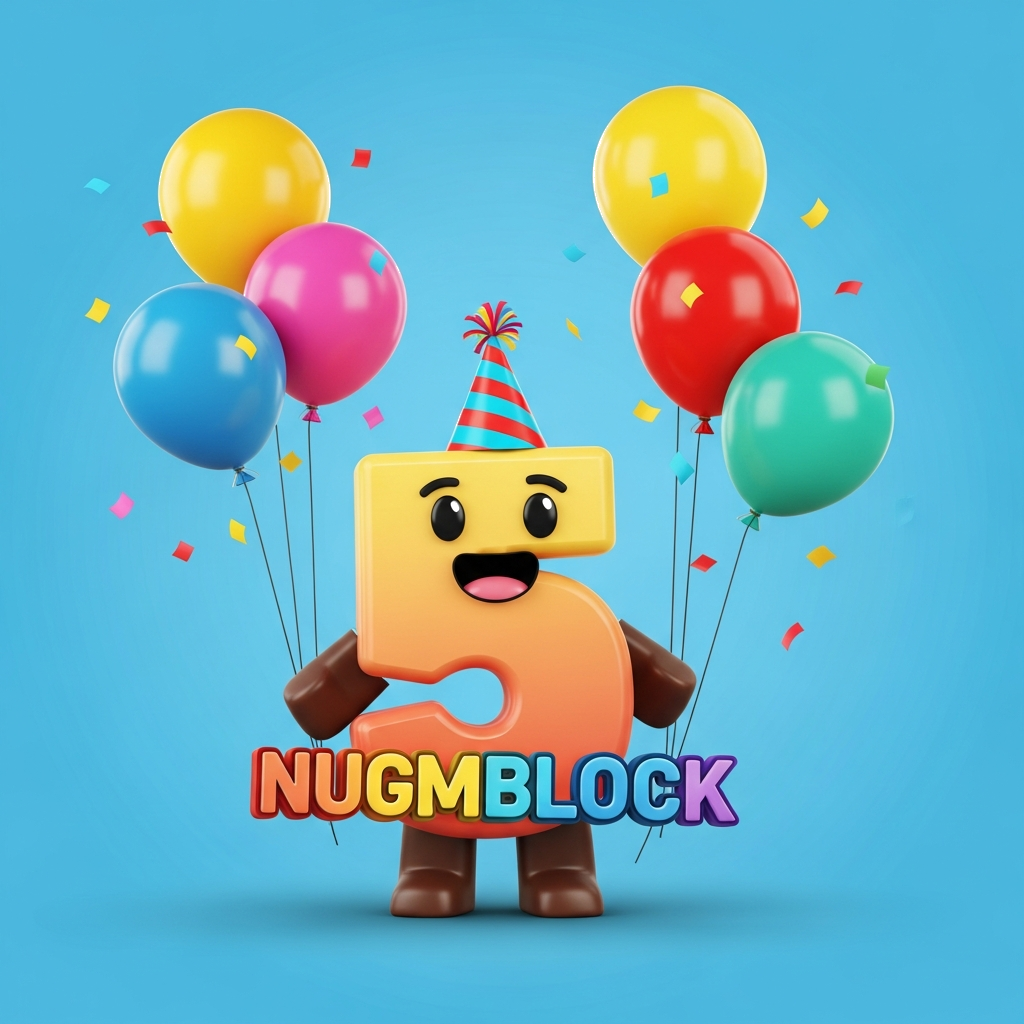 Custom design: A cheerful, blocky 'Numberblock 5' character wearing a party hat, surrounded by five colorful balloons and confetti, ...