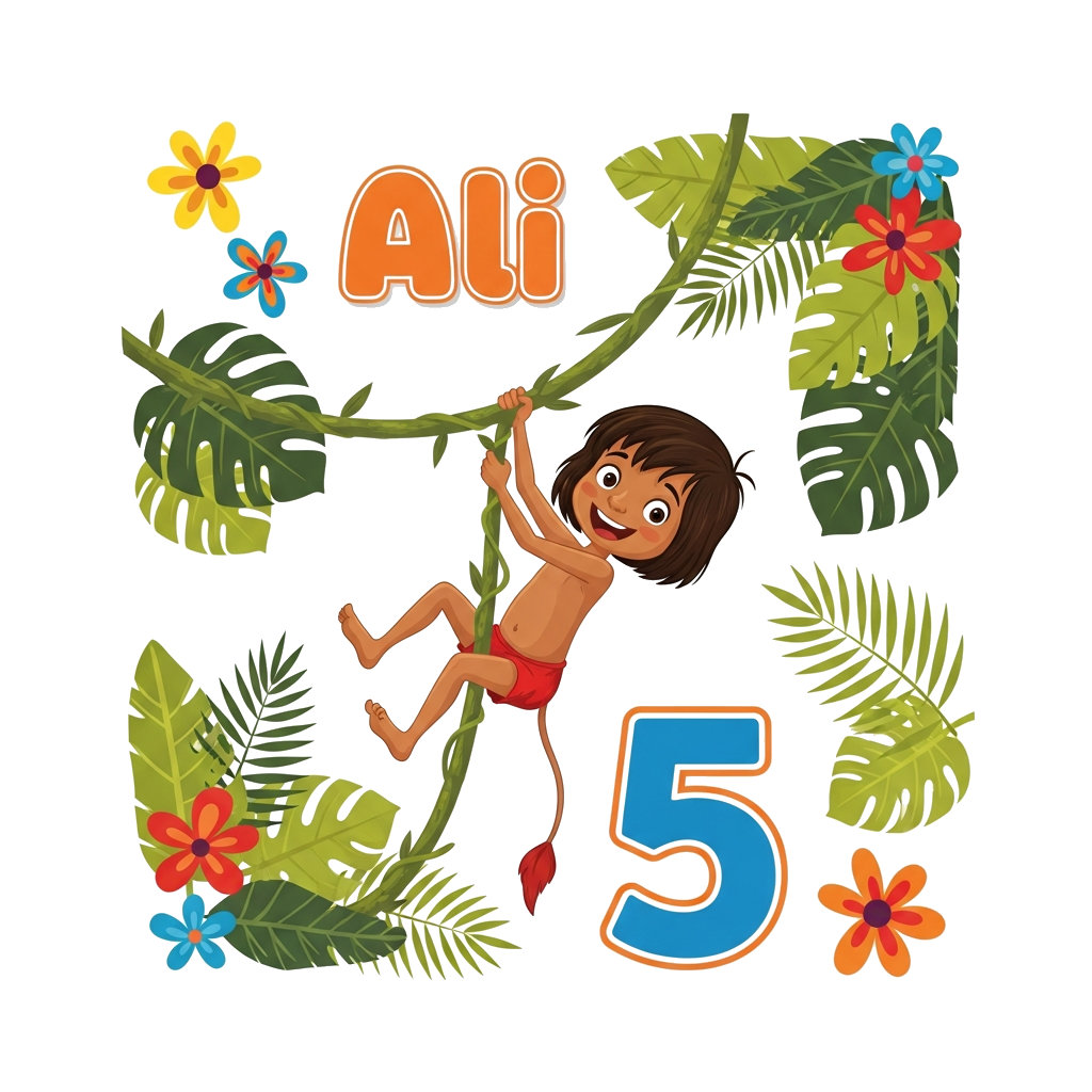 Custom design: A vibrant cartoon illustration of Mowgli joyfully swinging on a vine through a lush jungle, with tropical leaves and ...