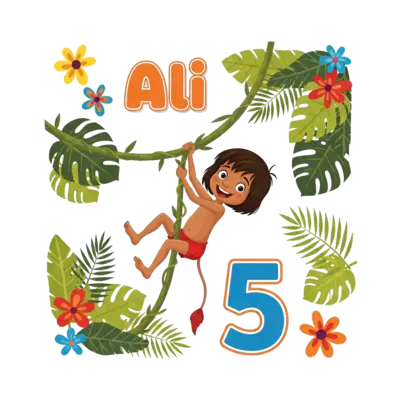 Design: A vibrant cartoon illustration of Mowgli joyfully swinging on a vine through ...