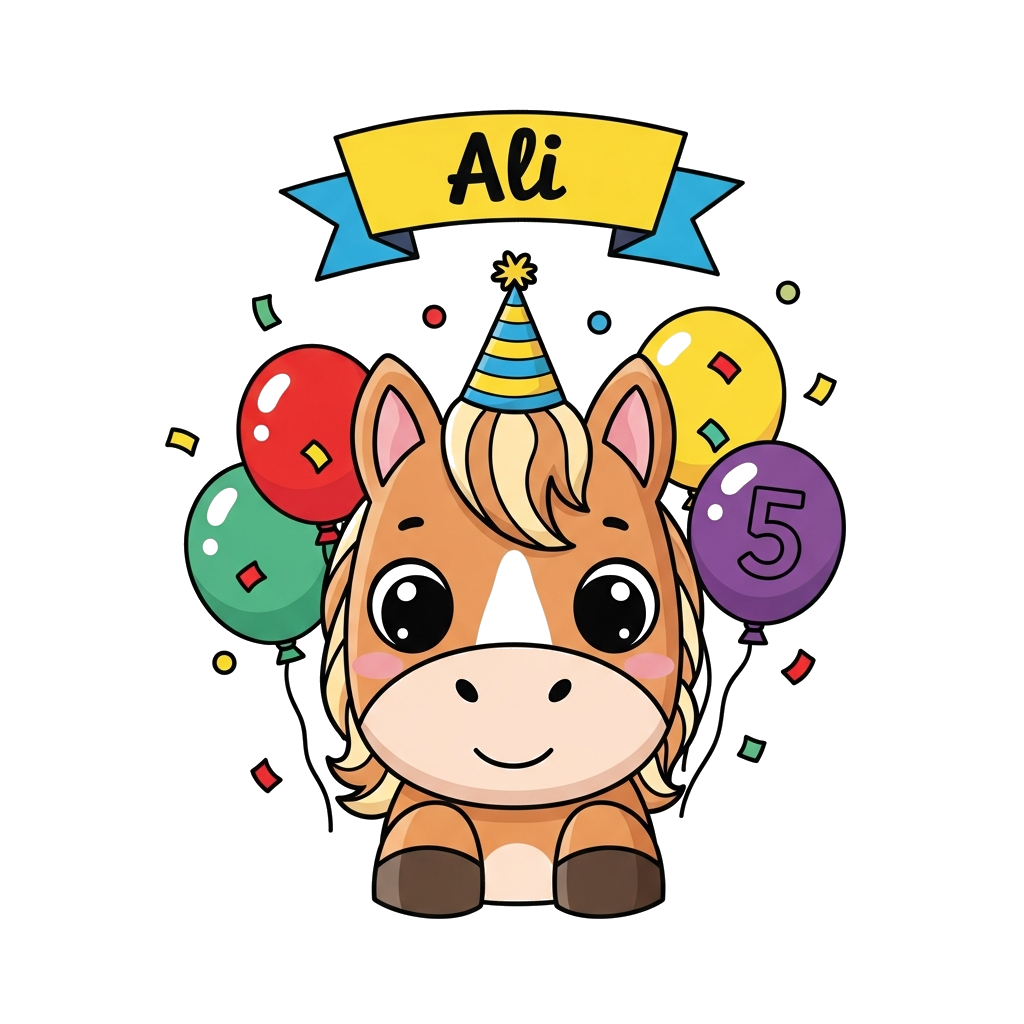 Custom design: A super cute cartoon horse with big friendly eyes, wearing a tiny party hat and surrounded by colorful balloons and c...
