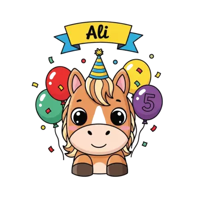 Design: A super cute cartoon horse with big friendly eyes, wearing a tiny party hat a...