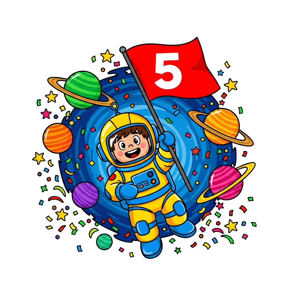 Custom design: A vibrant cartoon illustration of a friendly astronaut boy named Ali floating in space, holding a flag with the numbe...
