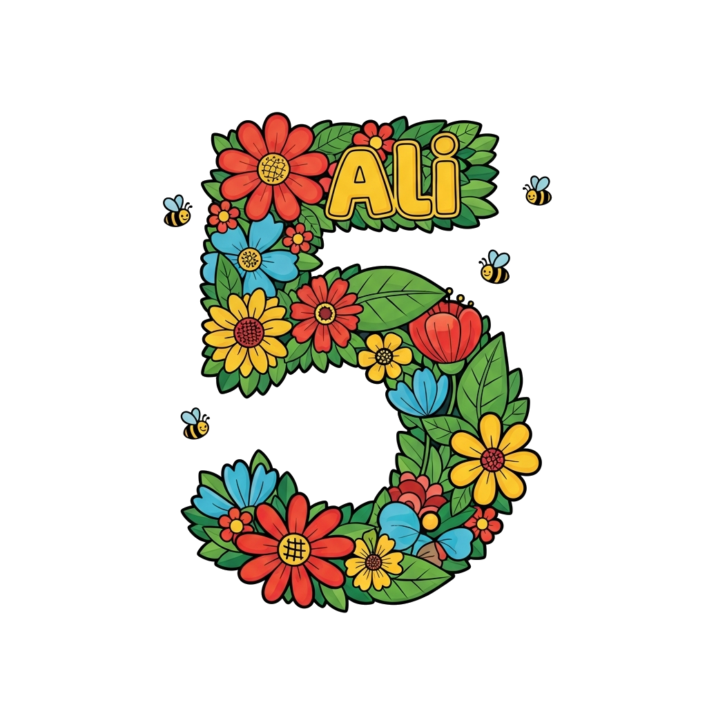 Custom design: A vibrant number '5' crafted entirely from various colorful cartoon flowers and lush green leaves, with tiny friendly...