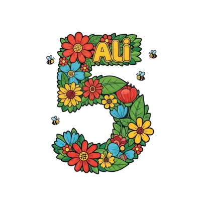 Design: A vibrant number '5' crafted entirely from various colorful cartoon flowers a...