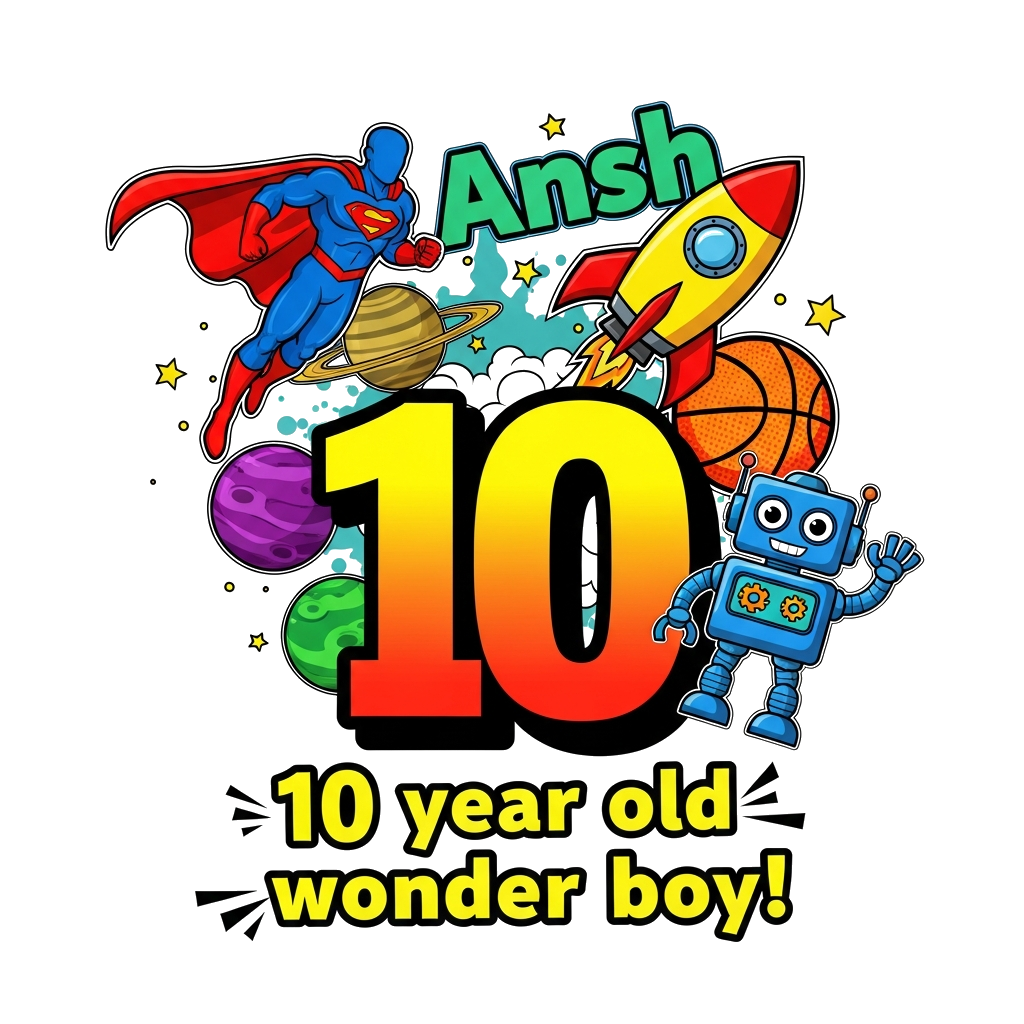 Custom design: A vibrant, dynamic collage illustration for a 10-year-old boy. Central to the design is a stylized, bold number '10',...