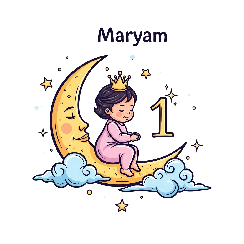 Custom design: A whimsical illustration of a baby princess Maryam wearing a tiny golden crown, gently sitting on a crescent moon wit...