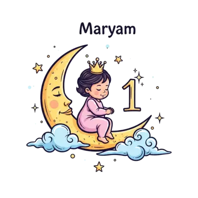 Design: A whimsical illustration of a baby princess Maryam wearing a tiny golden crow...