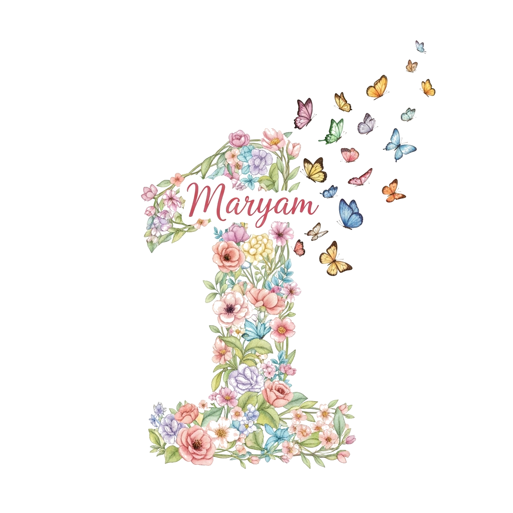 Custom design: A whimsical illustration of a large, soft pastel number '1' made of intertwined delicate flowers and leaves. A flock ...