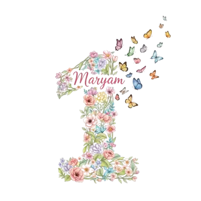 Design: A whimsical illustration of a large, soft pastel number '1' made of intertwin...