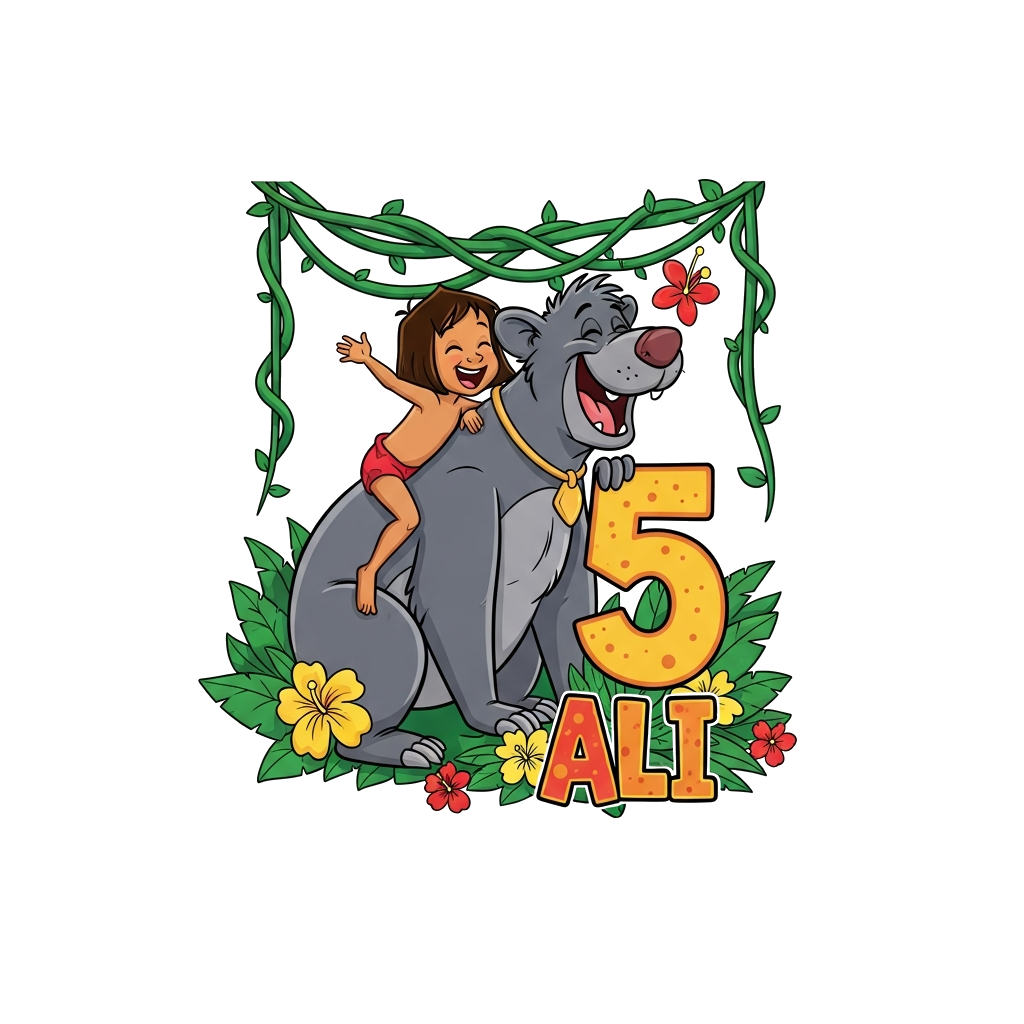 Custom design: A cheerful cartoon illustration of Mowgli riding on Baloo's back, both laughing amidst lush green jungle vines and an...