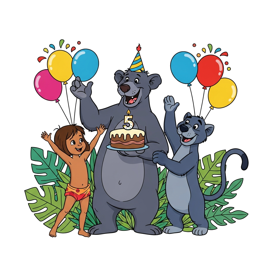 Custom design: A cheerful illustration of Mowgli, Baloo, and Bagheera celebrating, with Baloo holding a birthday cake with a number ...