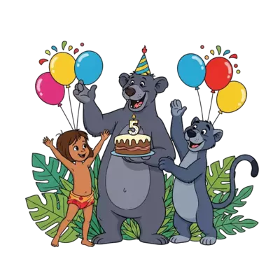 Design: A cheerful illustration of Mowgli, Baloo, and Bagheera celebrating, with Balo...