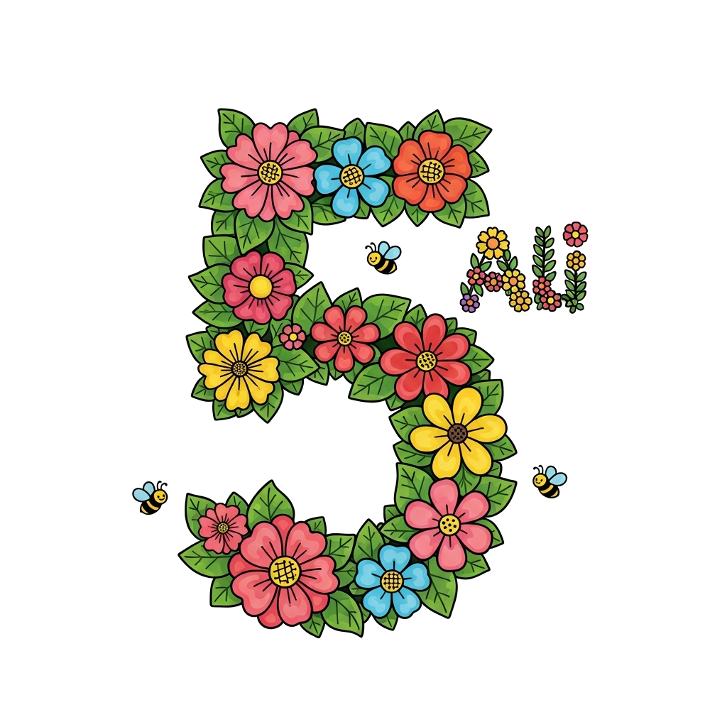 Custom design: A cheerful and vibrant illustration of the number '5', clearly formed from various colorful cartoon flowers and lush ...