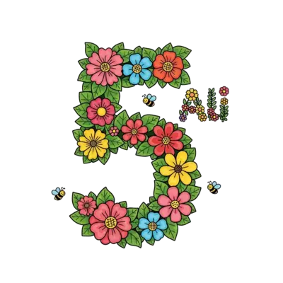 Design: A cheerful and vibrant illustration of the number '5', clearly formed from va...
