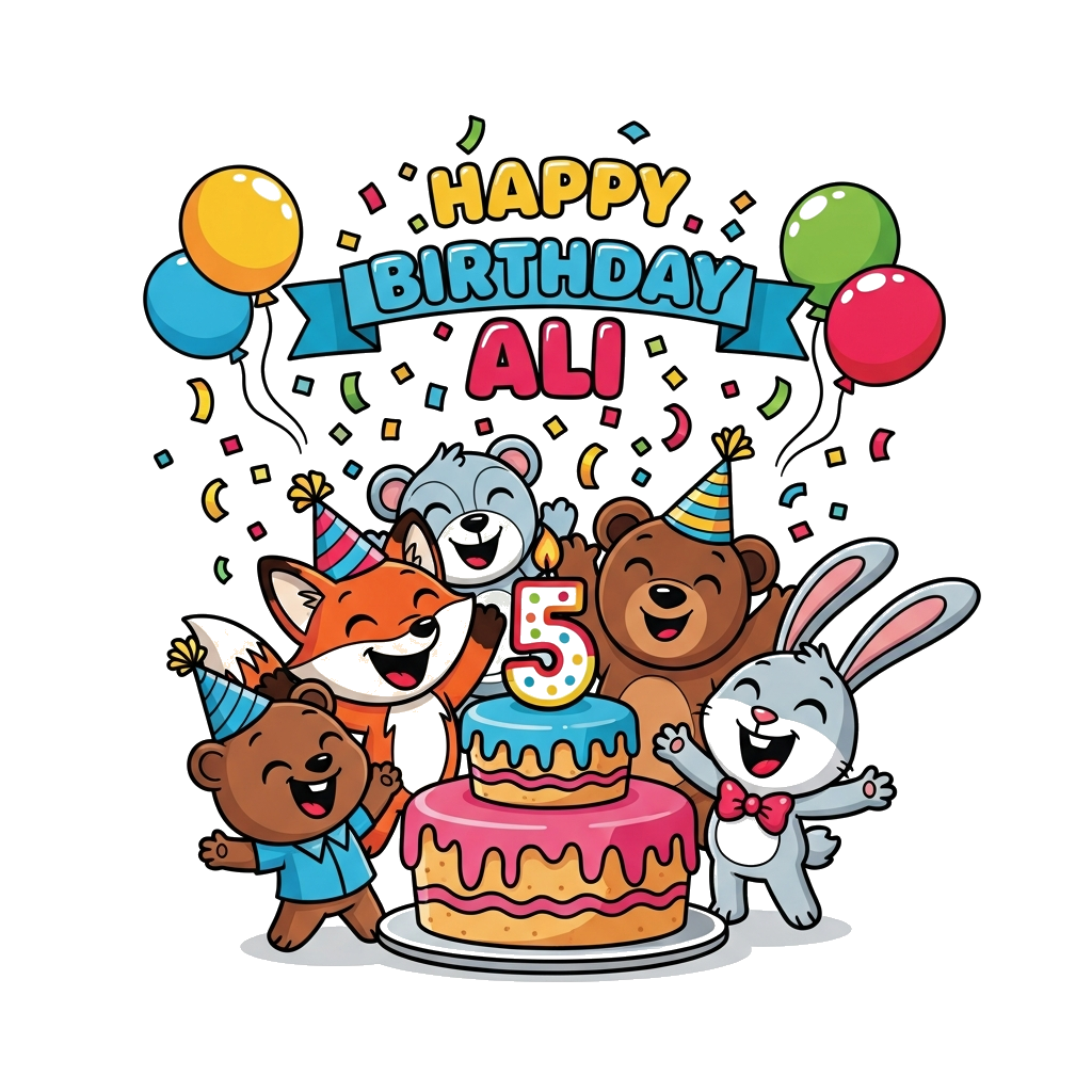 Custom design: A cheerful cartoon birthday party scene featuring a group of diverse, cute animated animal characters (like a happy f...