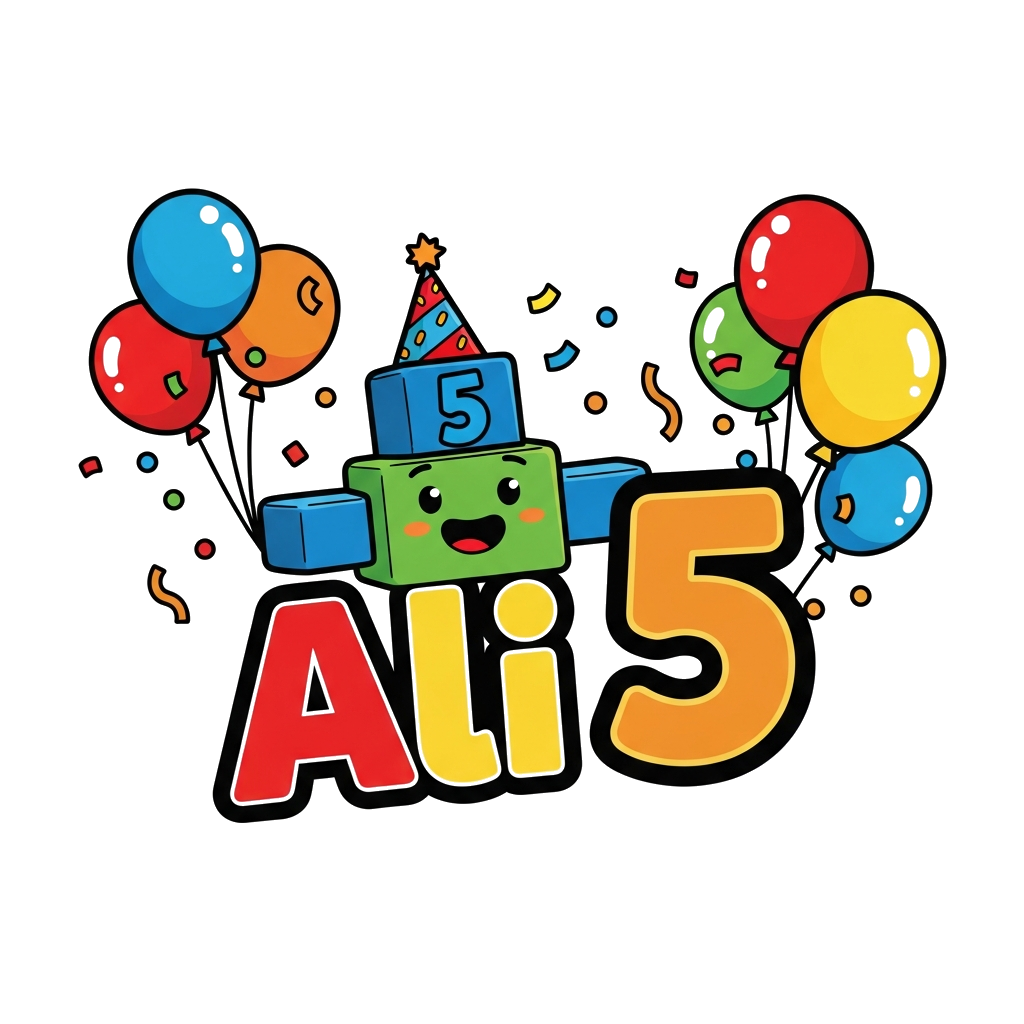 Custom design: A cheerful illustration of the Numberblock character 'Five' wearing a birthday hat, surrounded by colorful balloons a...