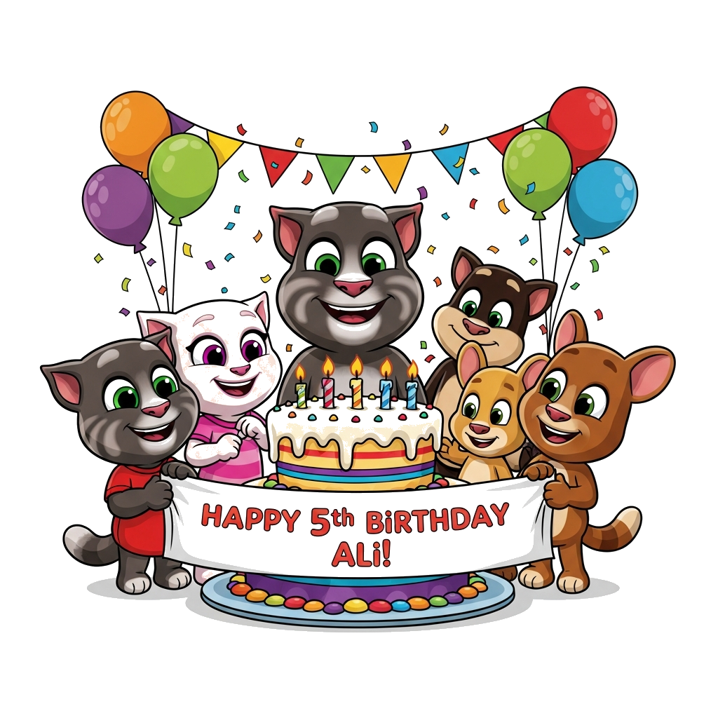 Custom design: A vibrant cartoon illustration of Talking Tom and his friends (Angela, Ben, Ginger, Hank) gathered around a large, co...