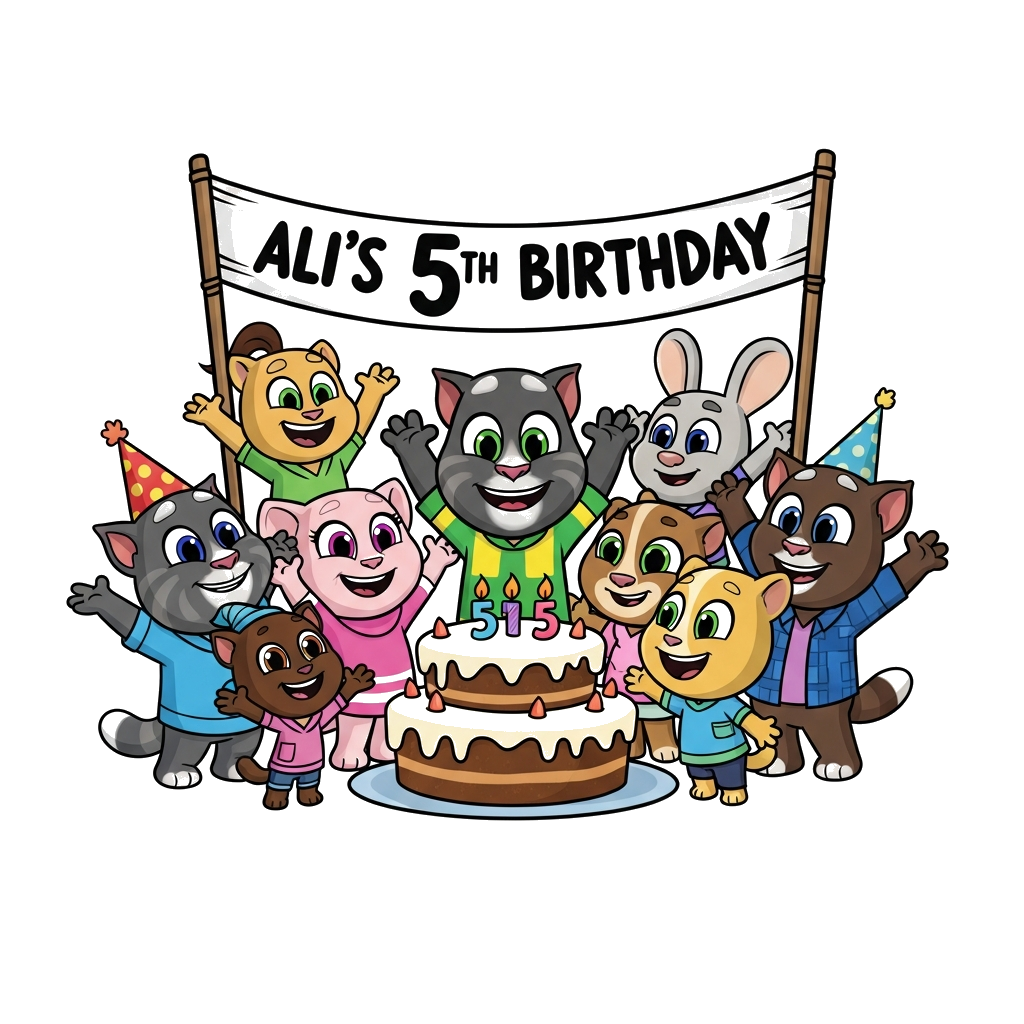 Custom design: A vibrant cartoon illustration featuring Talking Tom, Talking Angela, Talking Ginger, Talking Ben, Talking Pierre, an...