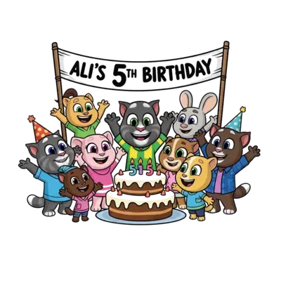 Design: A vibrant cartoon illustration featuring Talking Tom, Talking Angela, Talking...