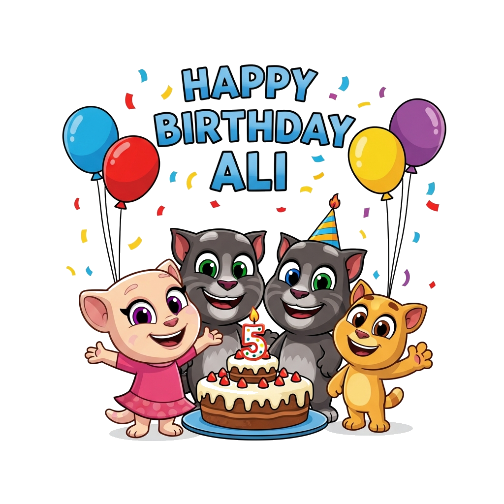 Custom design: A vibrant cartoon illustration of Talking Tom, Talking Angela, and Talking Ginger happily gathered around a festive b...