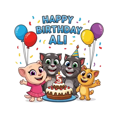 Design: A vibrant cartoon illustration of Talking Tom, Talking Angela, and Talking Gi...