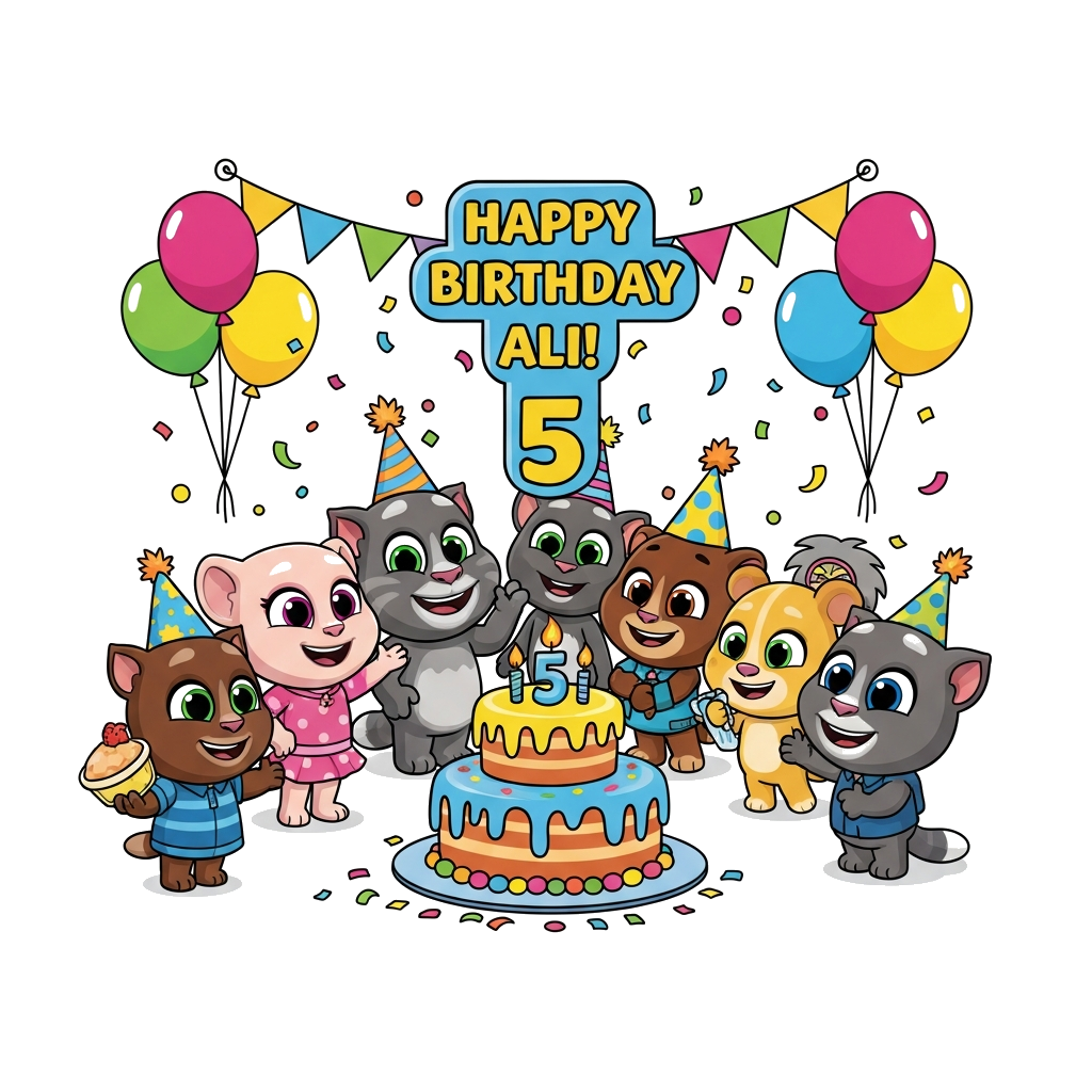 Custom design: A cute and playful illustration of Talking Tom, Talking Angela, Talking Ginger, Talking Ben, Talking Pierre, and Talk...