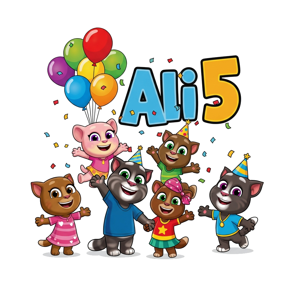 Custom design: A vibrant cartoon illustration featuring Talking Tom, Angela, Ginger, Ben, and Hank happily celebrating, surrounded b...