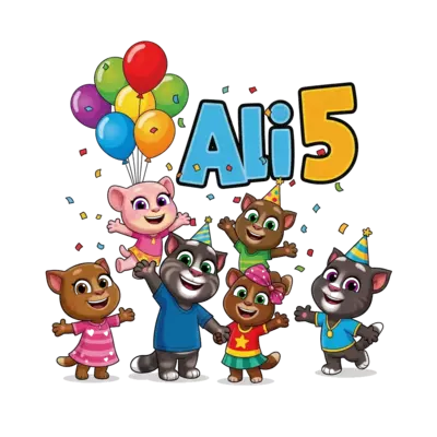 Design: A vibrant cartoon illustration featuring Talking Tom, Angela, Ginger, Ben, an...