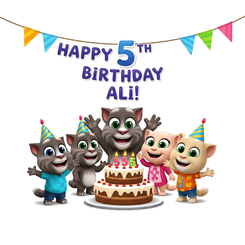 Custom design: A vibrant cartoon illustration featuring Talking Tom, Talking Angela, and Talking Ben gathered around a festive birth...