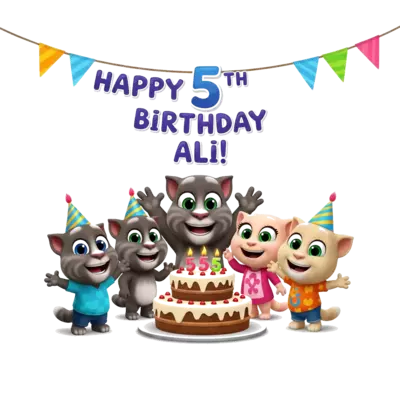 Design: A vibrant cartoon illustration featuring Talking Tom, Talking Angela, and Tal...