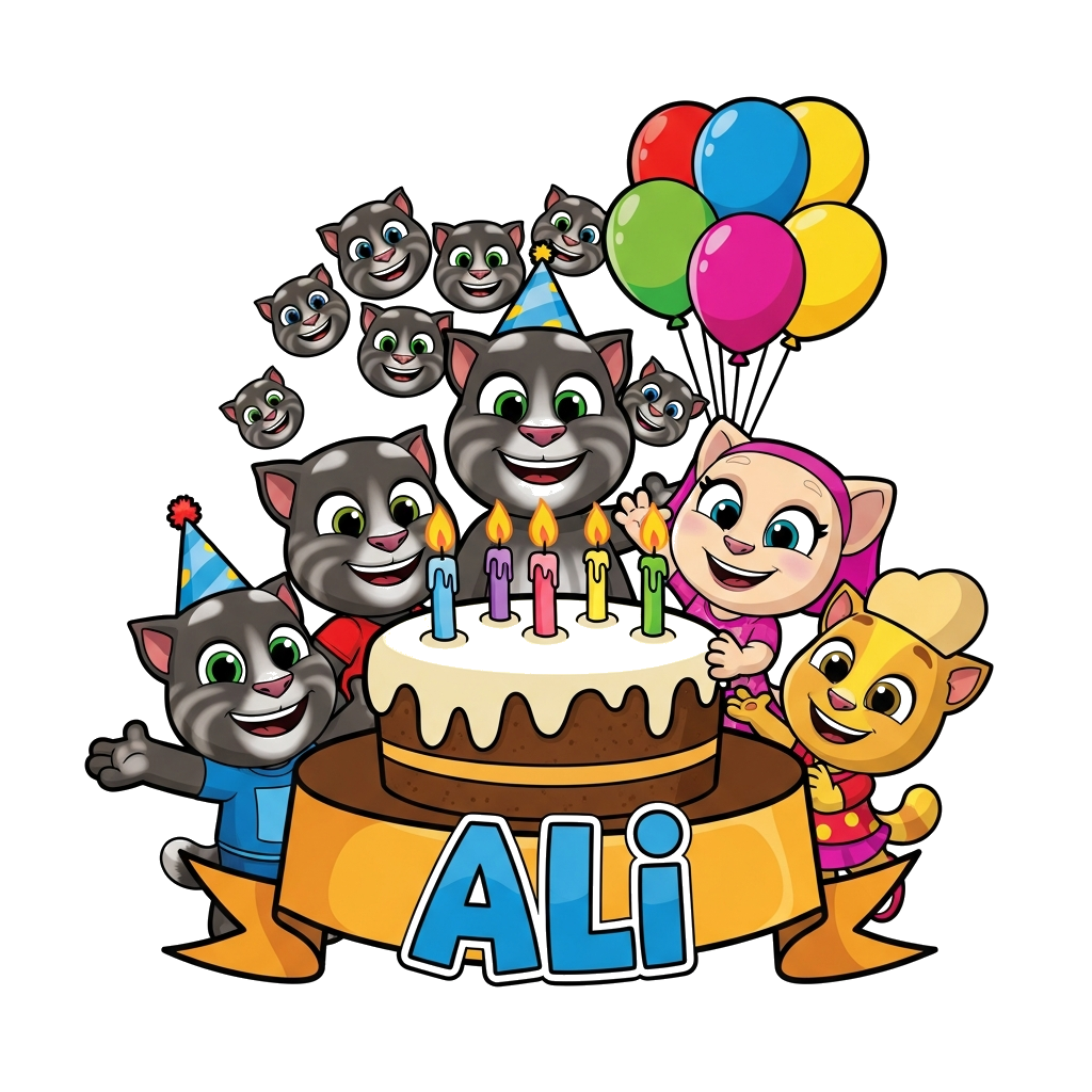 Custom design: A vibrant cartoon illustration featuring Talking Tom, Talking Angela, and Talking Ginger happily gathered around a la...