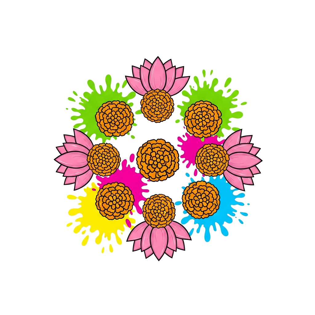 Custom design: A cheerful illustration of stylized lotus and marigold flowers arranged in a modern rangoli pattern, bursting with vi...
