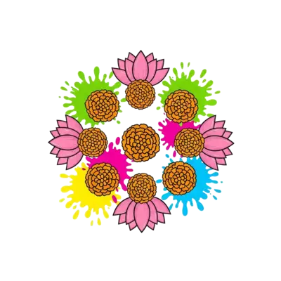 Design: A cheerful illustration of stylized lotus and marigold flowers arranged in a ...