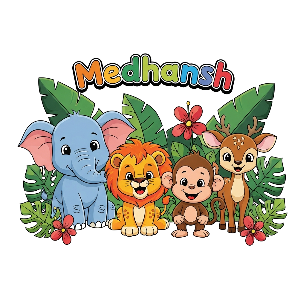 Custom design: A cheerful group of cute cartoon baby animals: a playful elephant, a happy lion cub, a mischievous monkey, and a gent...