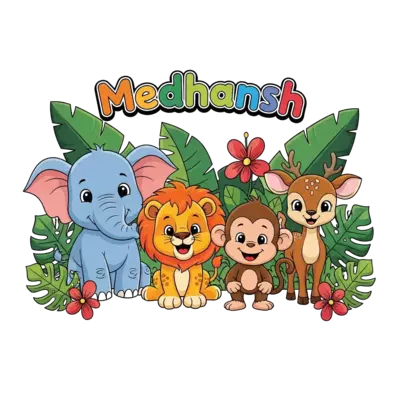 Design: A cheerful group of cute cartoon baby animals: a playful elephant, a happy li...