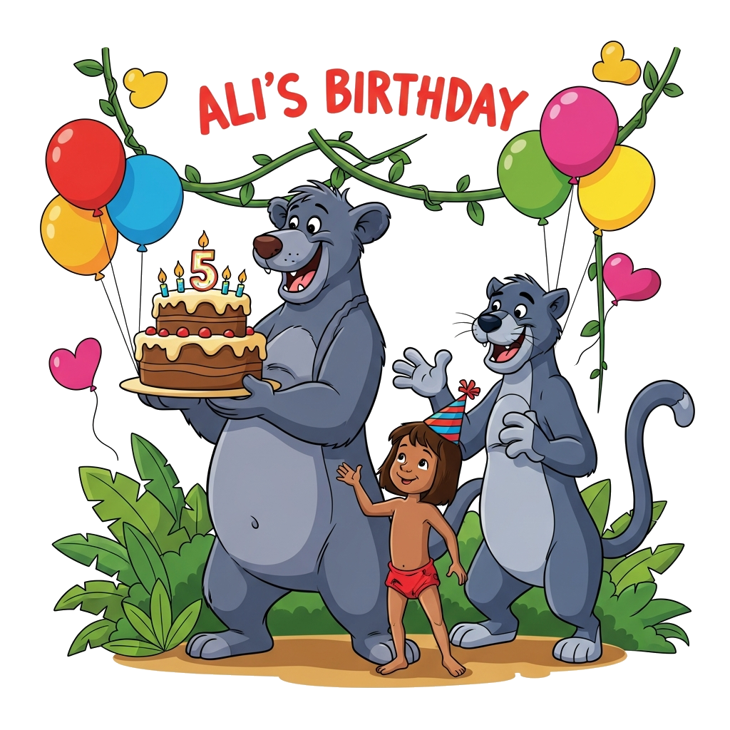 Custom design: A cheerful cartoon illustration of Mowgli, Baloo, and Bagheera celebrating Ali's 5th birthday in a lush jungle. Baloo...