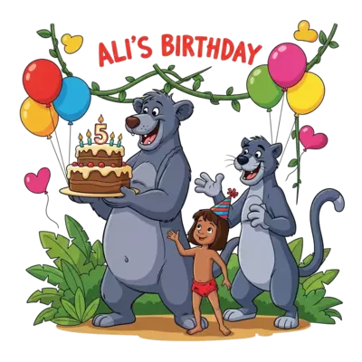 Design: A cheerful cartoon illustration of Mowgli, Baloo, and Bagheera celebrating Al...