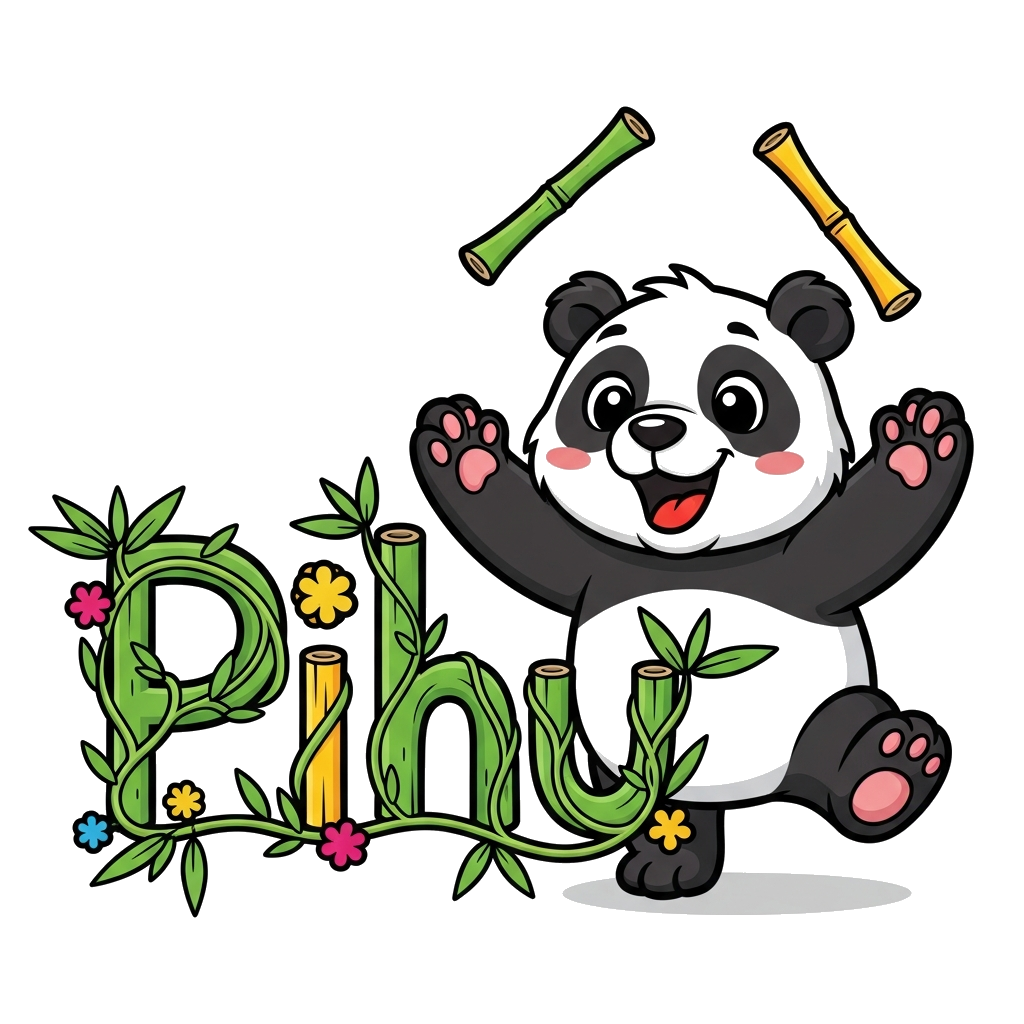 Custom design: A whimsical, happy cartoon panda character, playfully juggling colorful bamboo sticks, with the name 'Pihu' incorpora...