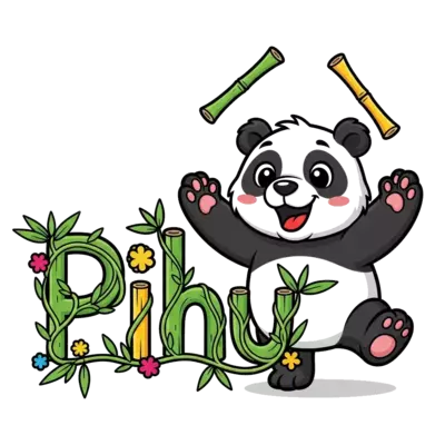 Design: A whimsical, happy cartoon panda character, playfully juggling colorful bambo...