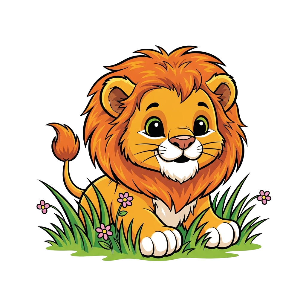 Custom design: A charming cartoon baby lion cub with a fluffy mane, playfully peeking out from vibrant green grass, surrounded by ti...
