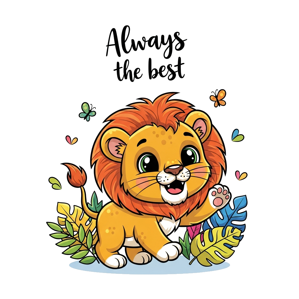 Custom design: A super cute, friendly cartoon baby lion cub with big eyes and a fluffy mane, playfully pouncing, with the quote 'Alw...