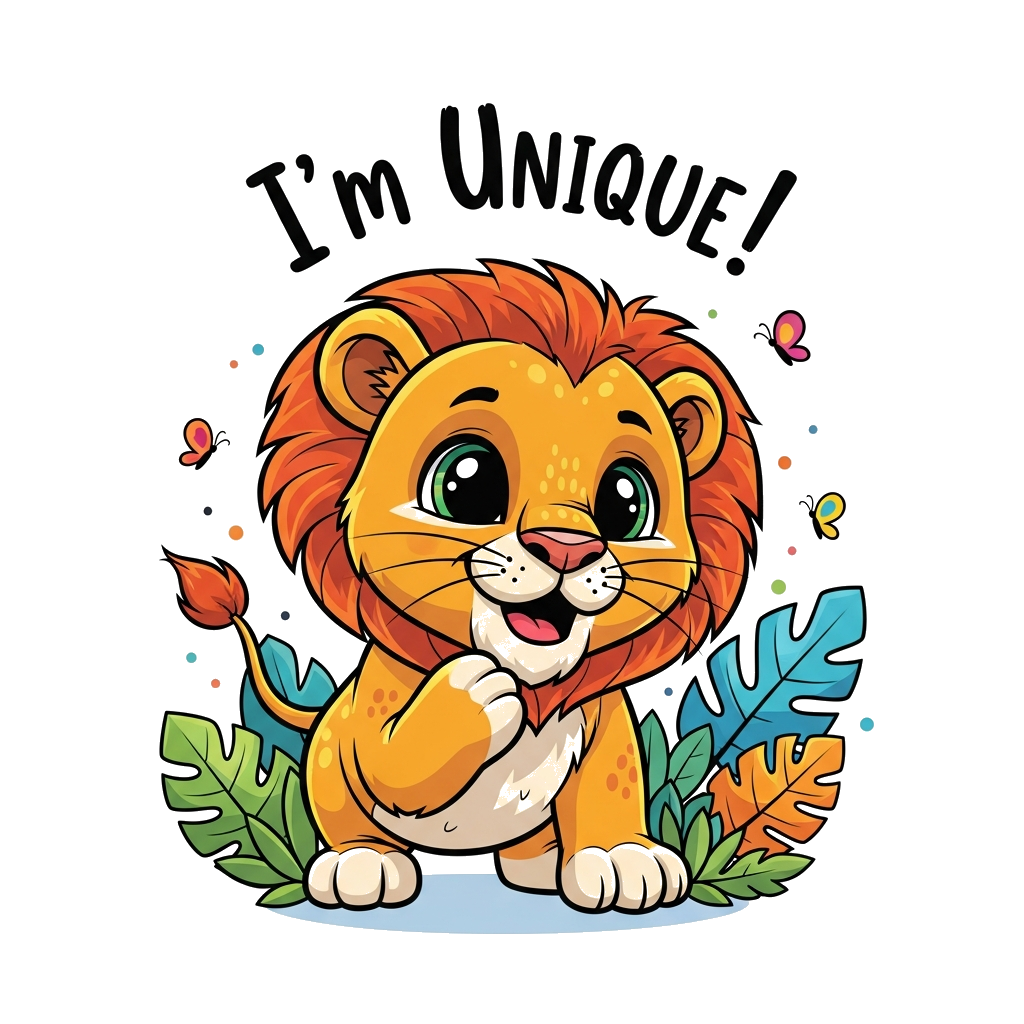 Custom design: A super cute, friendly cartoon baby lion cub with big eyes and a fluffy mane, playfully pouncing, with the quote 'I'm...
