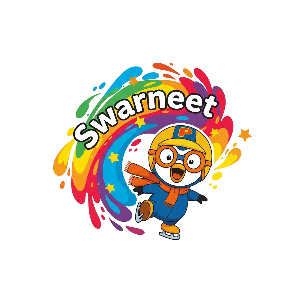 Custom design: A cheerful illustration of Pororo the Little Penguin ice skating with a big smile, surrounded by vibrant, abstract sp...