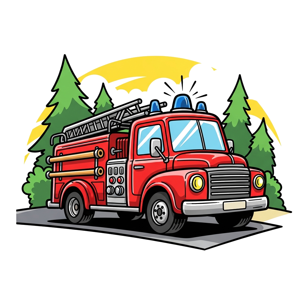Custom design: A realistic, detailed illustration of a vintage red fire truck with a blue siren, driving on a road with green trees ...