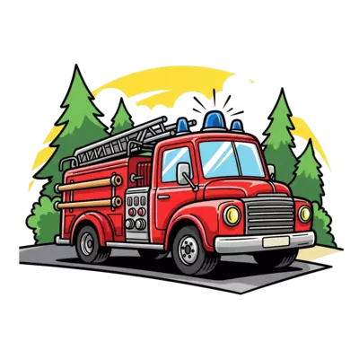 Design: A realistic, detailed illustration of a vintage red fire truck with a blue si...
