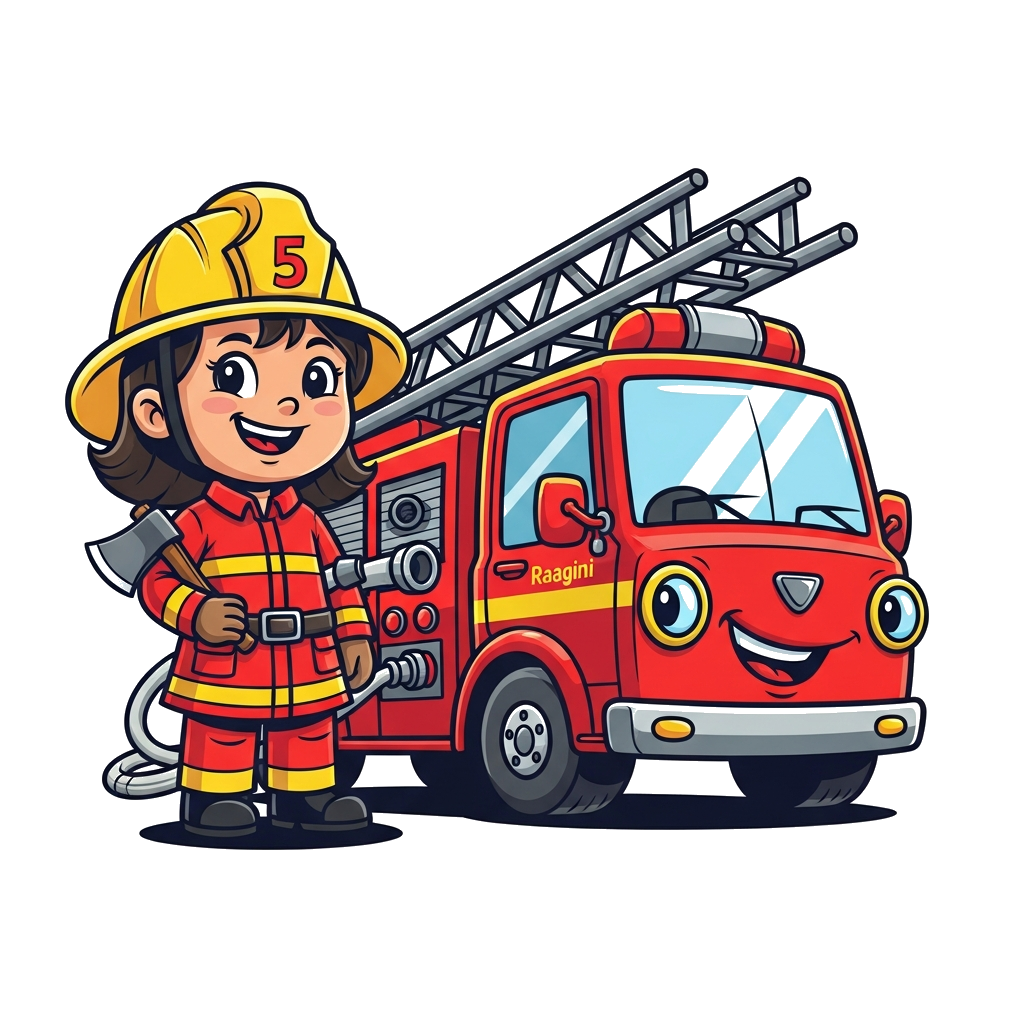 Custom design: A brave cartoon girl firefighter with a big smile, wearing a helmet and uniform, standing next to a friendly fire tru...