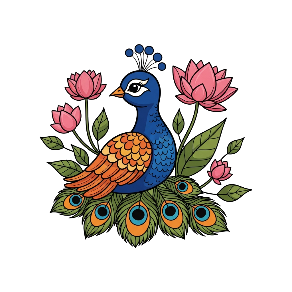 Custom design: A charming illustration of a baby peacock with vibrant, stylized feathers, surrounded by traditional Indian lotus flo...