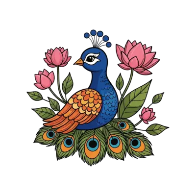Design: A charming illustration of a baby peacock with vibrant, stylized feathers, su...