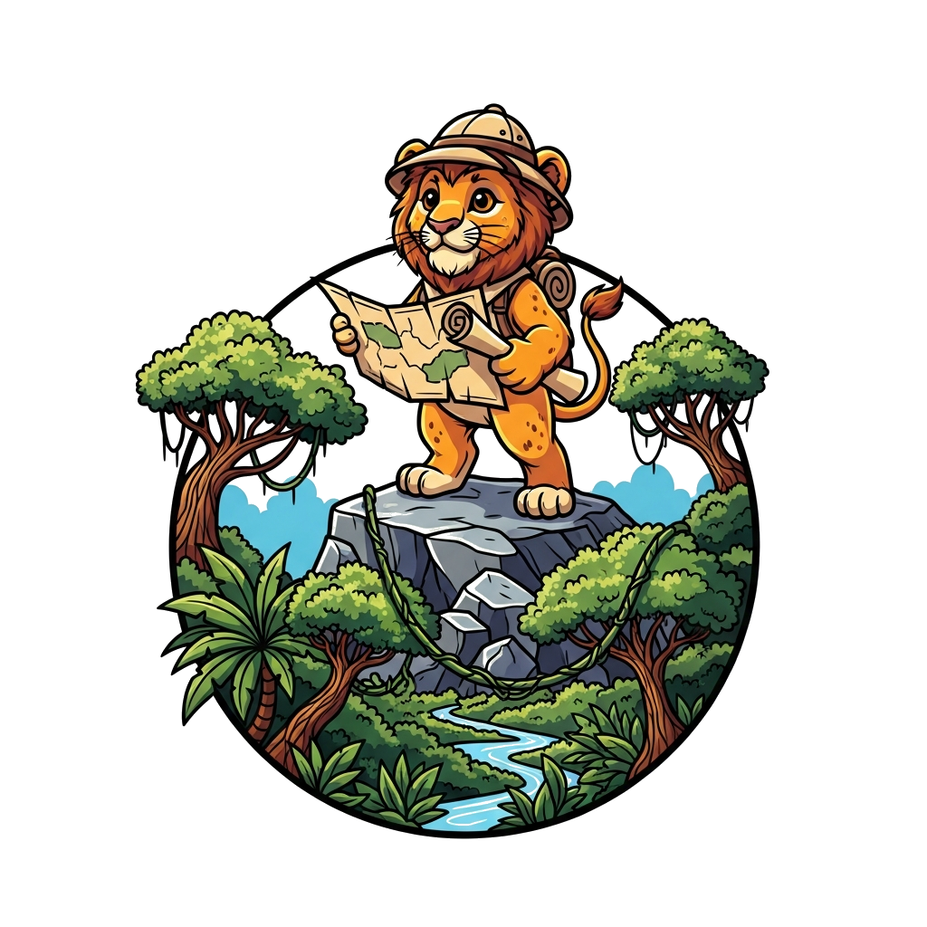 Custom design: A brave, cute lion cub explorer, wearing a tiny safari hat and carrying a rolled-up map, standing proudly on a rocky ...