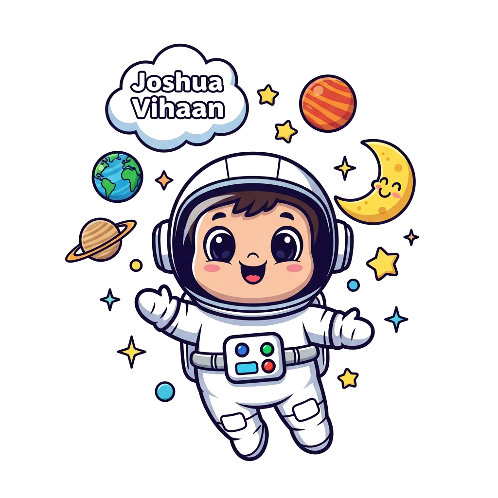 Custom design: A very cute, chubby cartoon astronaut character, with large friendly eyes, floating joyfully in a vibrant outer space...